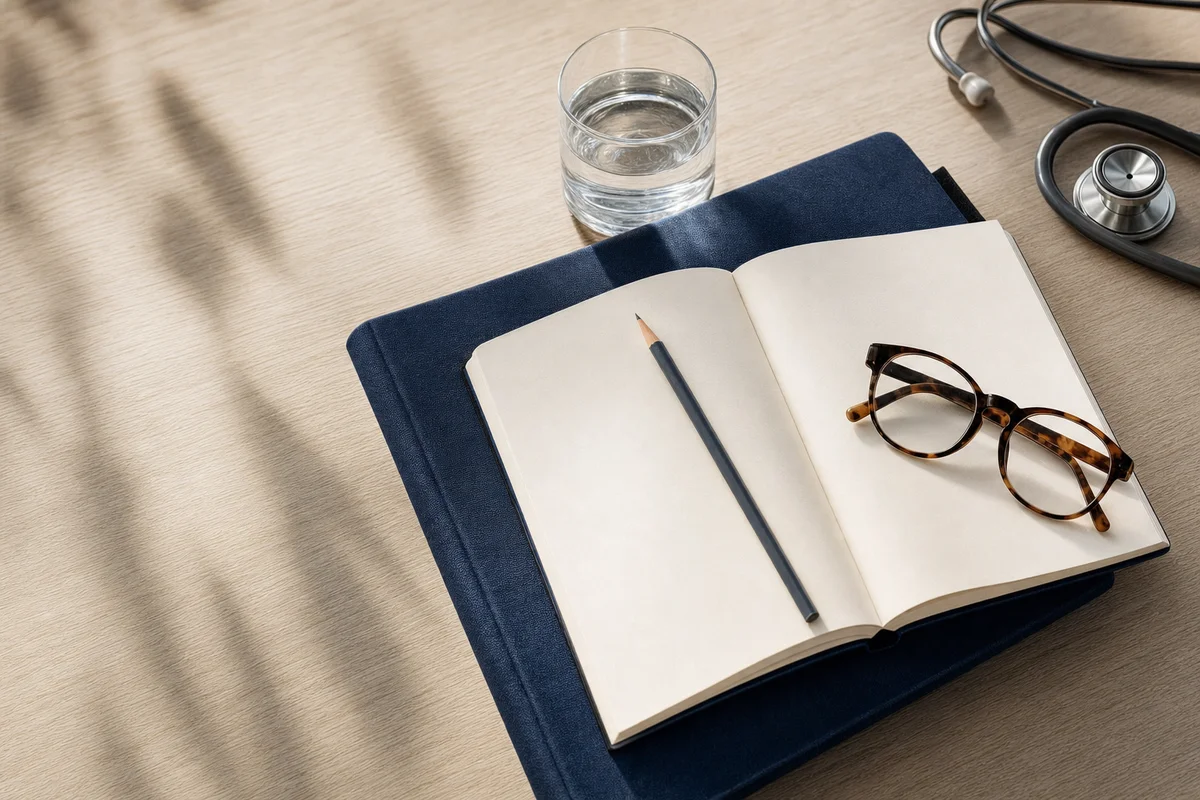 Reading glasses and an open notebook on a quiet medical reference desk